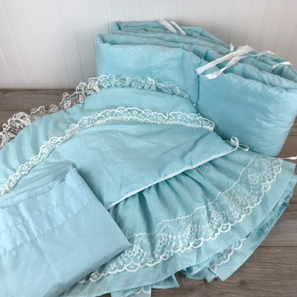 Vintage Pastel Blue & White Lace Baby Crib Bedding Set, Bumper Pad Ruffle Skirt